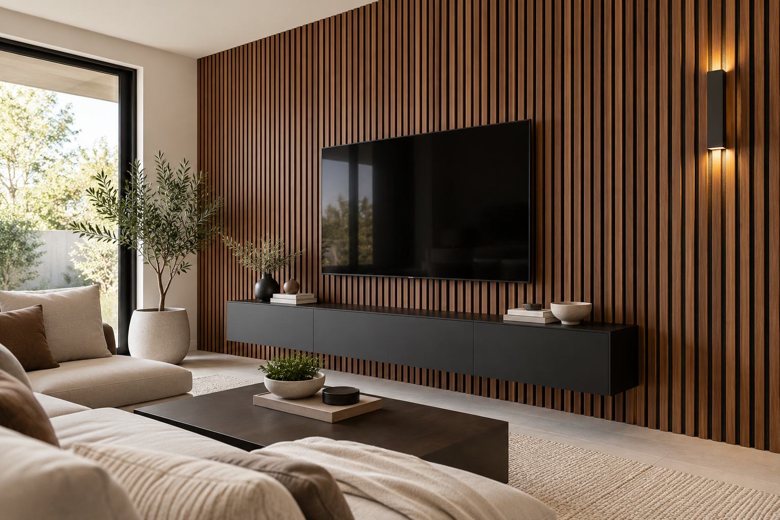 Walnut acoustic slat wood accent wall design illustration